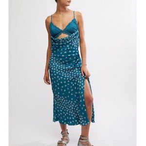 FREE PEOPLE Gossamer Glow Midi Slip / Deep Lagoon Combo NWT